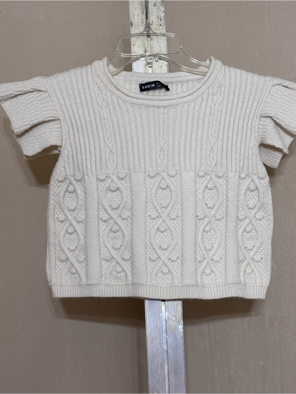 SHEIN Cream Cable Knit Ruffle Sleeve Sweater Top Coquette Preppy Cottagecore